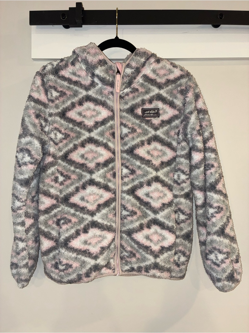 Eddie Bauer Plush Full-Zip Hoodie in Pink and Gray Aztec